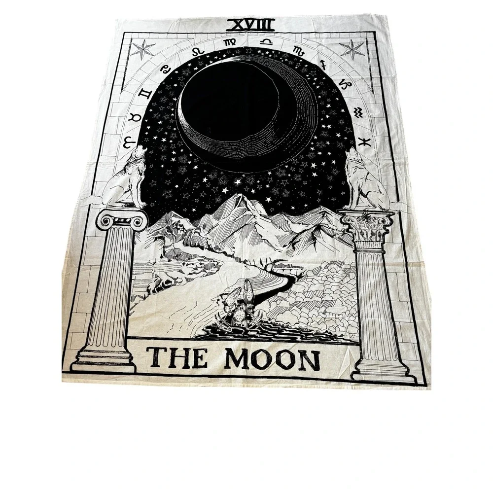 The Moon Tarot Card Tapestry Black White XVIII Wolf Zodiac Wall Hanging 74x57